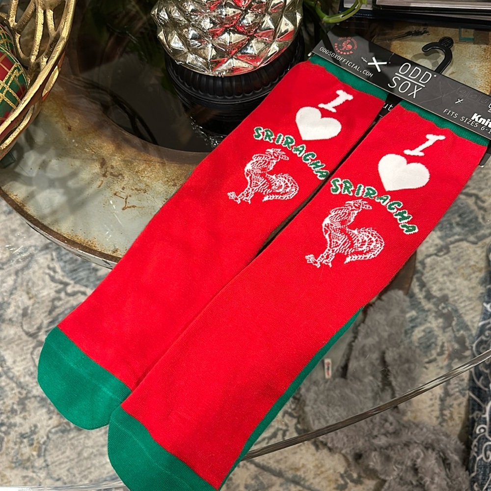 I love sriracha Hot Sauce Socks Fun Funky  roster  red green knits crew